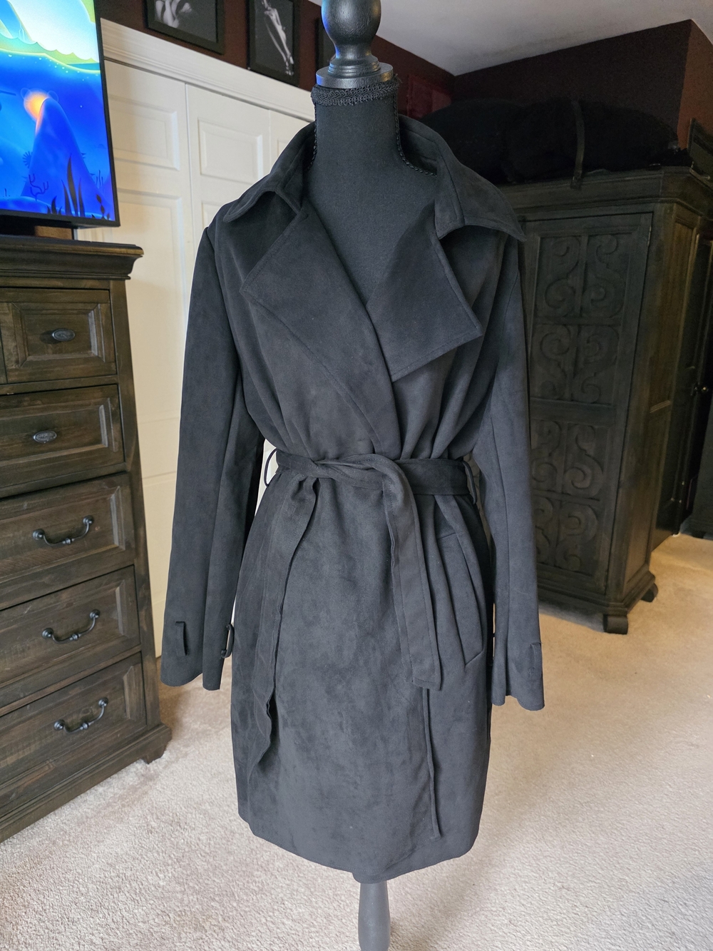 LA Coalition Black Faux Suede Waterfall Trench Coat Belted Jacket Size Large